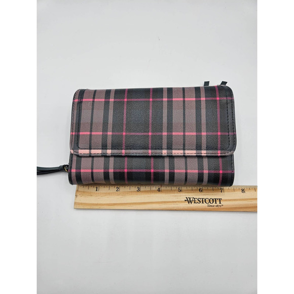 Women's Pink and Black Plaid Bi Fold Long Wallet Card Slots Zipper Pockets - Picture 2 of 8